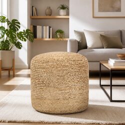 Comfortable Brown Jute Braided Pouffe Footstool 40x45 cm