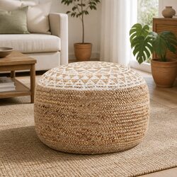 Comfortable Handmade White Jute Pouffe Footstool