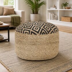 Cozy Handmade Pouffe Footstool in Black Braided Jute