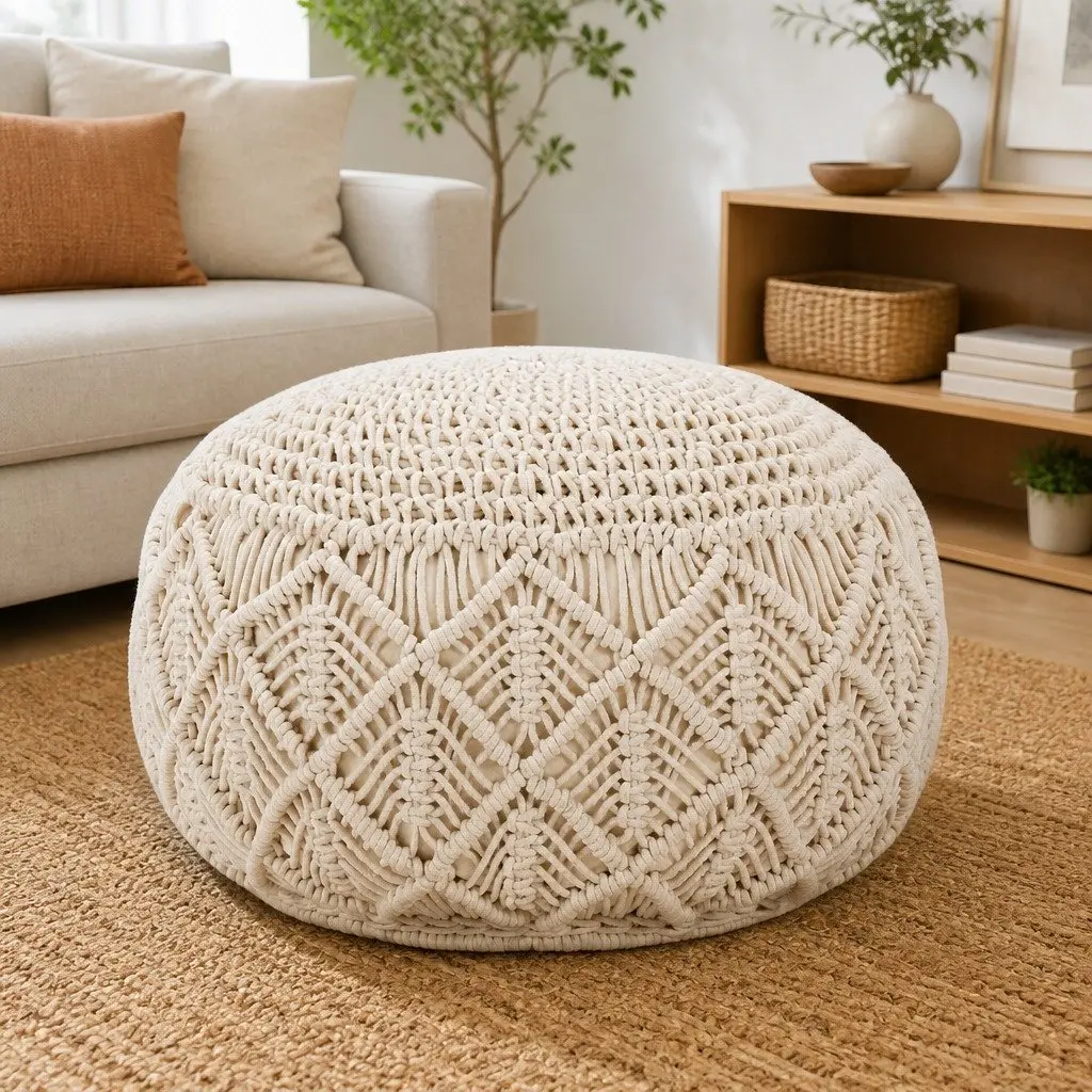 Macrame Pouffe Footstool Handmade Cotton Round Pouf Boho 45x30cm