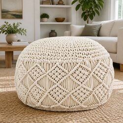 Beige Cotton Macrame Pouffe Footstool for Comfort
