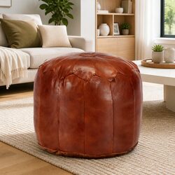 Tan Goat Leather Pouffe Footstool for Cozy Living