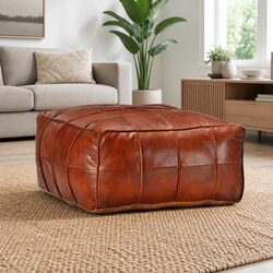 Tan Goat Leather Pouffe Footstool for Relaxation
