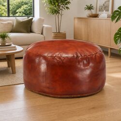 Brown Tan Leather Pouffe Footstool for Comfort