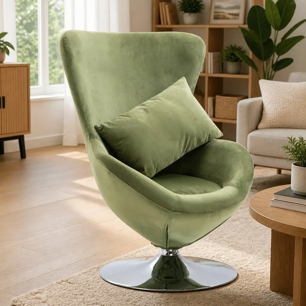 Swivel Egg Chair Green Velvet Upholstered Armchair 360 Degree