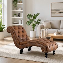 Brown Faux Suede Leather Chaise Lounge for Living Rooms