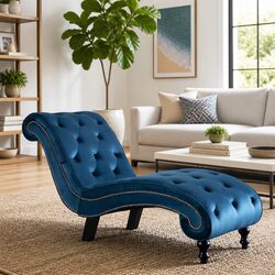 Blue Velvet Chaise Lounge with Tufted Design