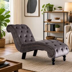 Grey Velvet Chaise Lounge with Scroll Design