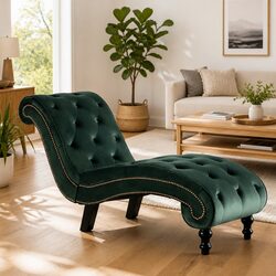 Green Velvet Chaise Lounge Accent Chair with Scroll Design