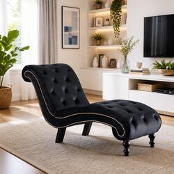 Elegant Black Velvet Chaise Lounge with Scroll Design
