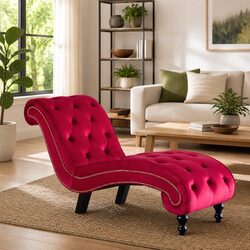 Red Velvet Button Tufted Chaise Lounge for Living Rooms