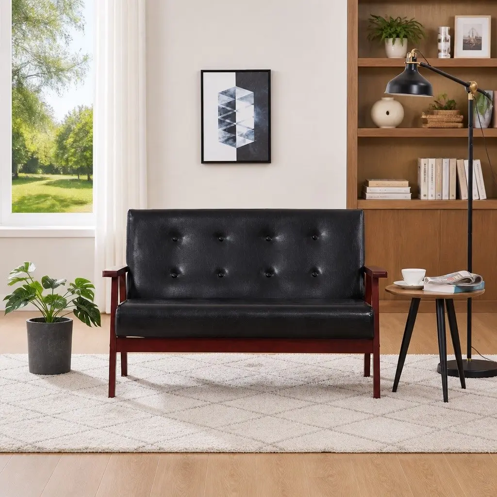 2-Seater Sofa Black Faux Leather Retro Living Room Furniture Padded Couch