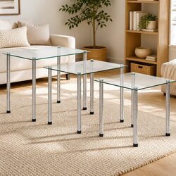 3-Piece Nesting Tables Set with Glass Tops and Steel Legs