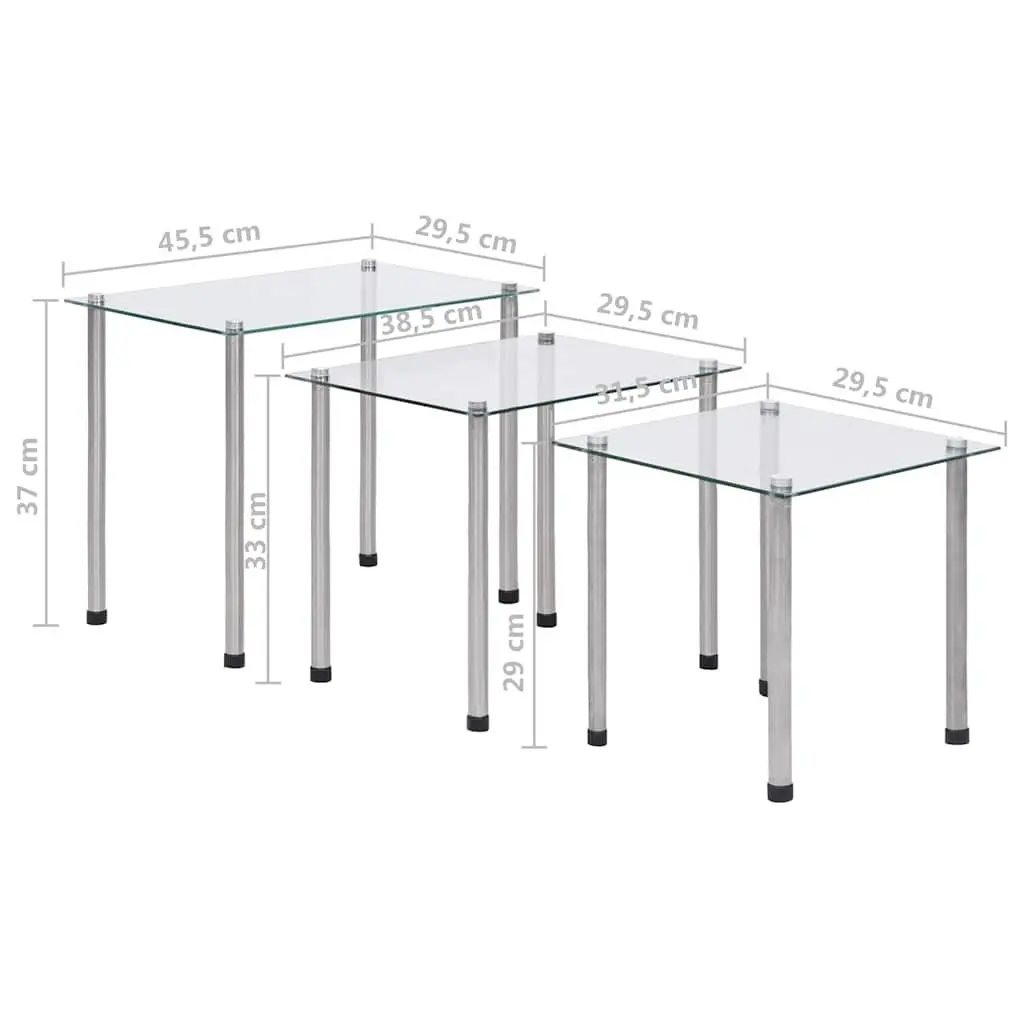 Nesting Tables Set Modern Transparent Glass Stainless Steel Legs 3 Pieces