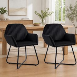 Black Velvet Dining Chairs Set of 2 with Armrests