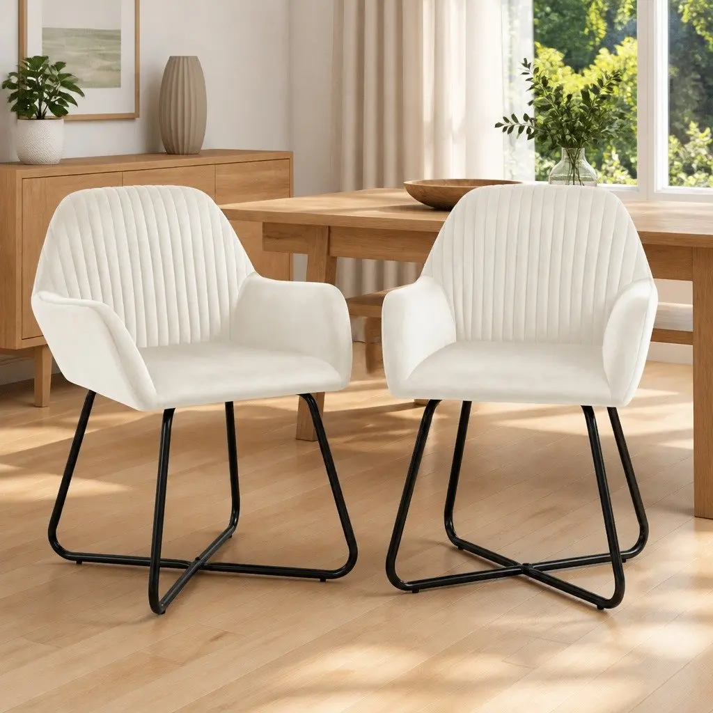 Dining Chairs Cream Velvet 2 Piece Armrest Backrest Steel Legs