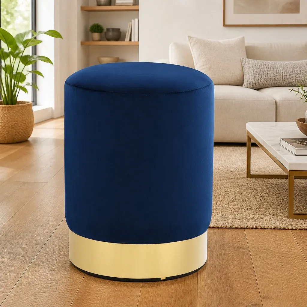 Blue Velvet Barrel Stool with Gold Base