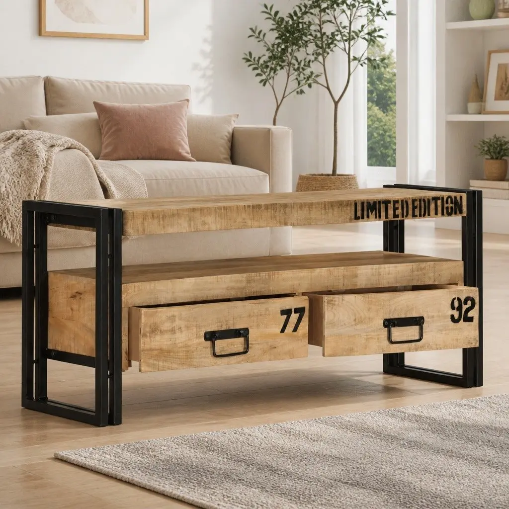 Solid Mango Wood TV Stand Storage Unit with Drawers 100cm x 30cm x 45cm Brown