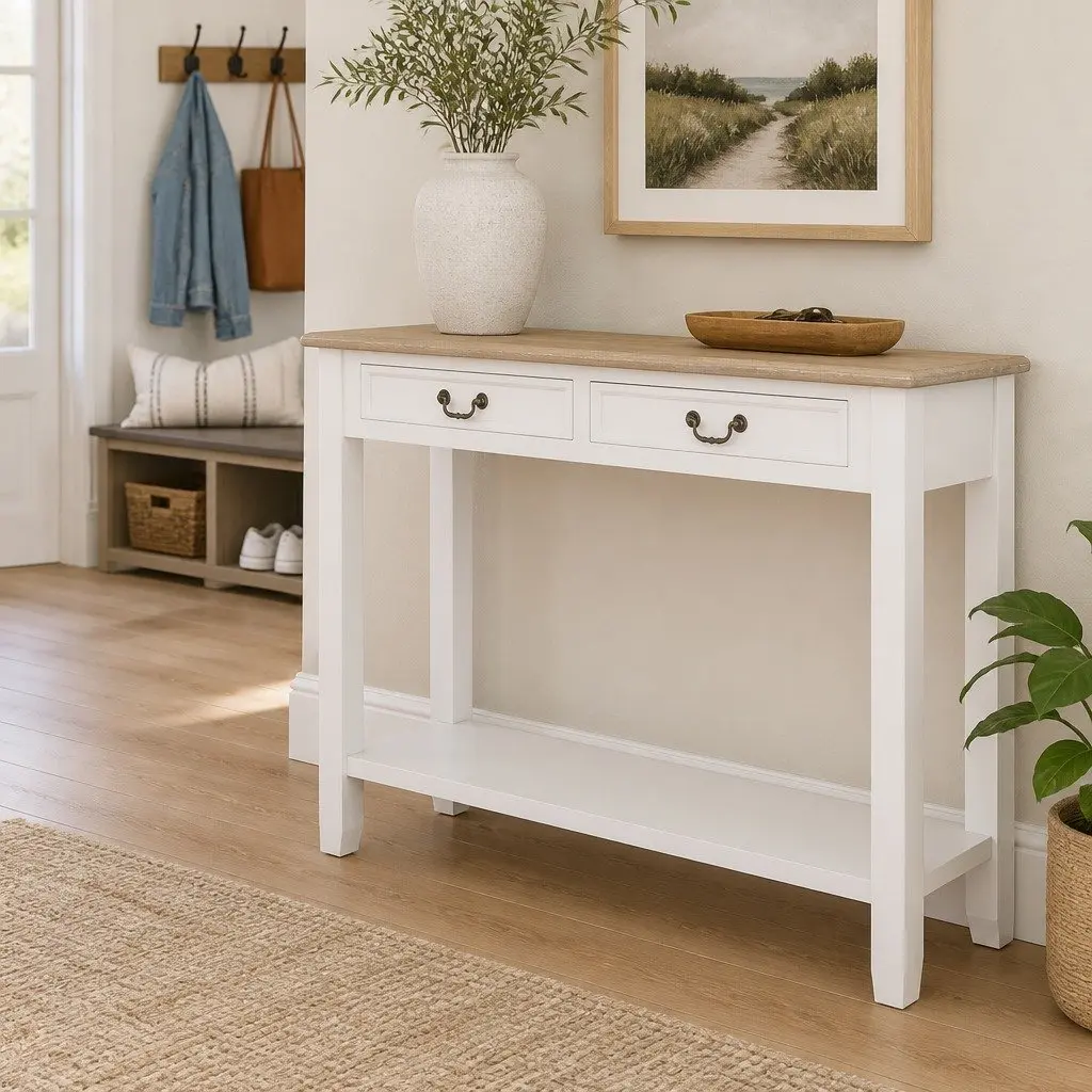 White Console Table with Drawers and Shelf