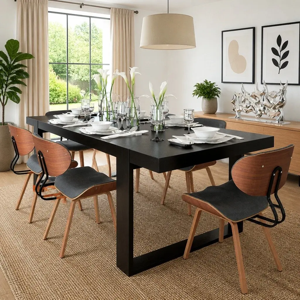 Dining Chairs Set Black Faux Leather Bent Wood Frame 6 Piece Kitchen Seating
