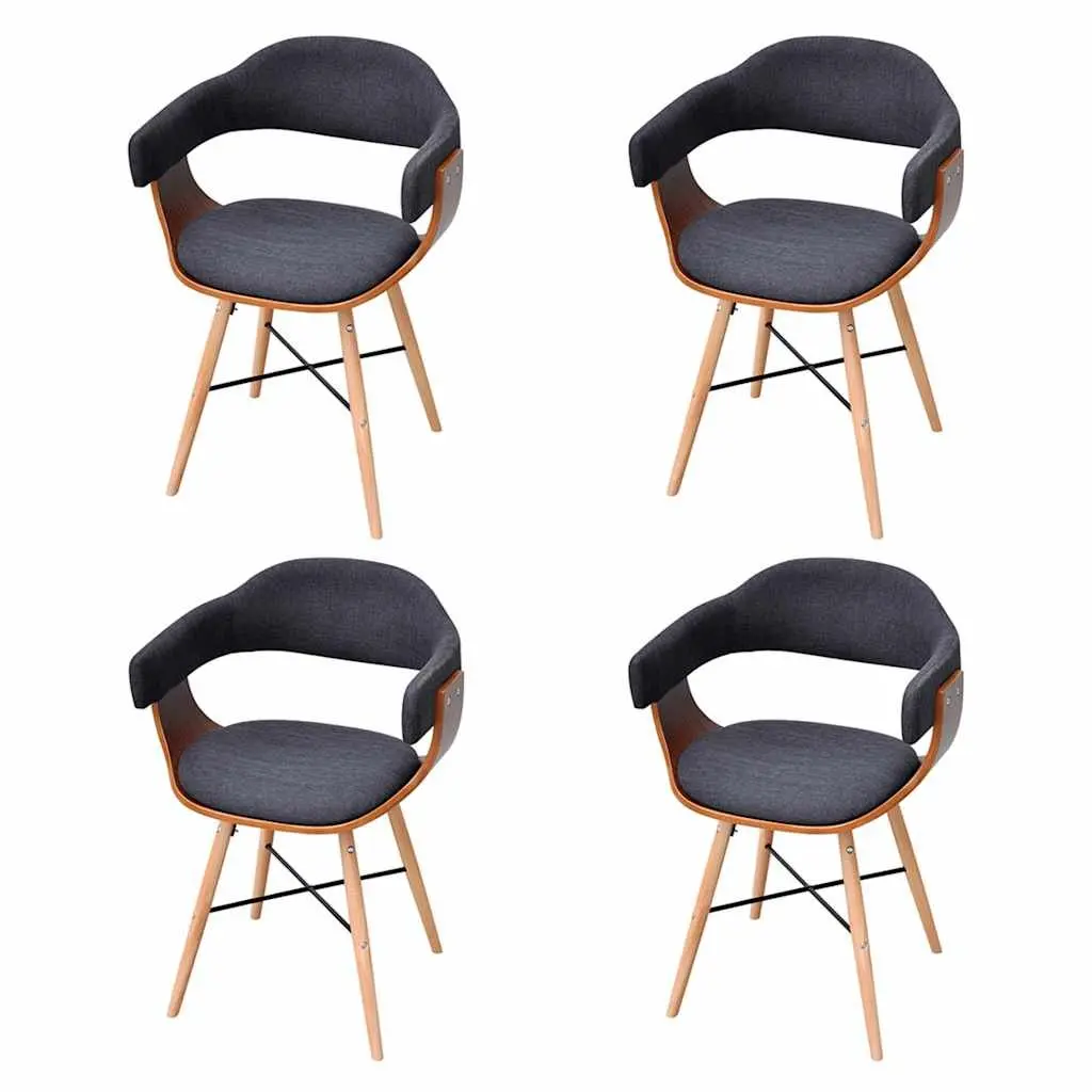 4 Piece Dining Chair Set Grey Fabric Upholstered Armrest Bent Wood Frame Kitchen Furniture