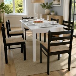 Set of 6 Brown Solid Wood Dining Chairs with Padded Seats