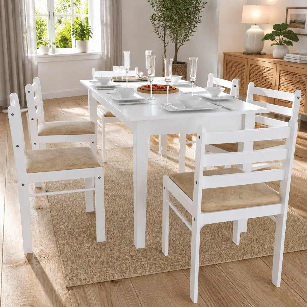 Dining Chairs Set White Square Backrest Padded Seat Rubberwood 6 Piece