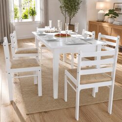 Set of 6 White Wood Dining Chairs with Padded Seats