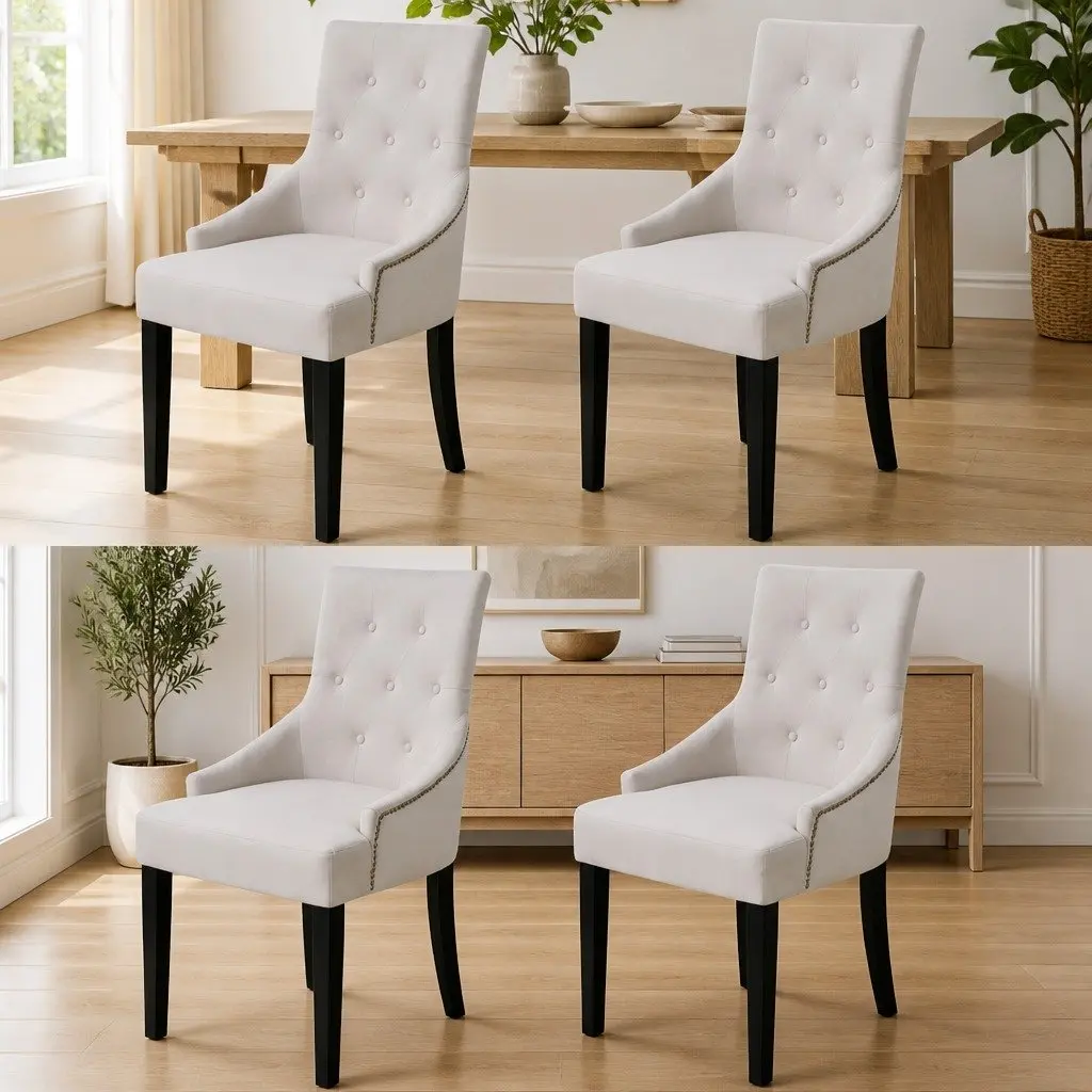 Dining Chairs Cream Fabric Armrest Padded Backrest Wooden Frame 4 Piece