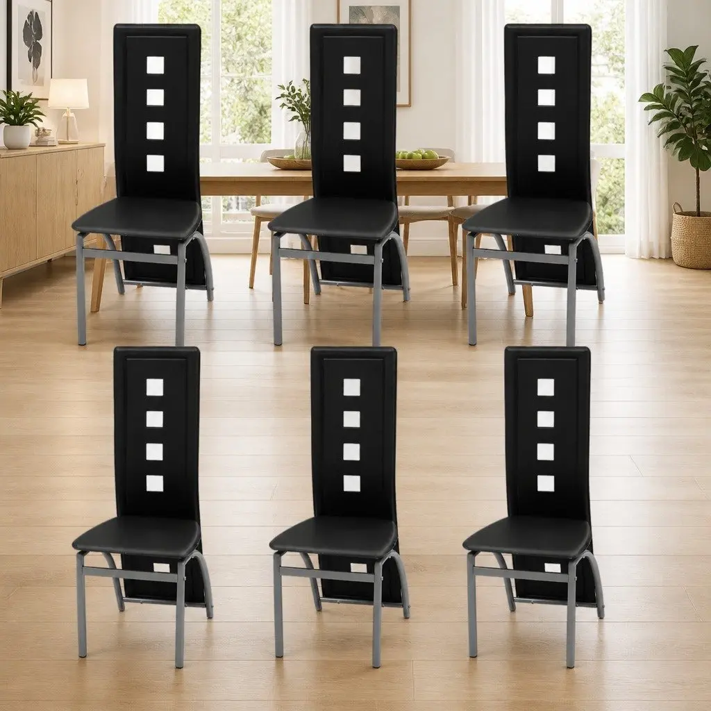 Dining Chairs Black Faux Leather High Backrest 6 Piece Steel Frame
