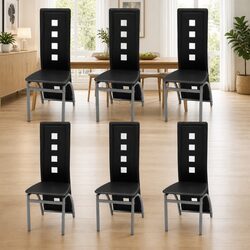 Set of 6 Black Faux Leather Dining Chairs with High Backrest