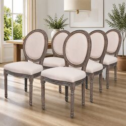 Set of 6 Cream Linen Dining Chairs with Foam Padding