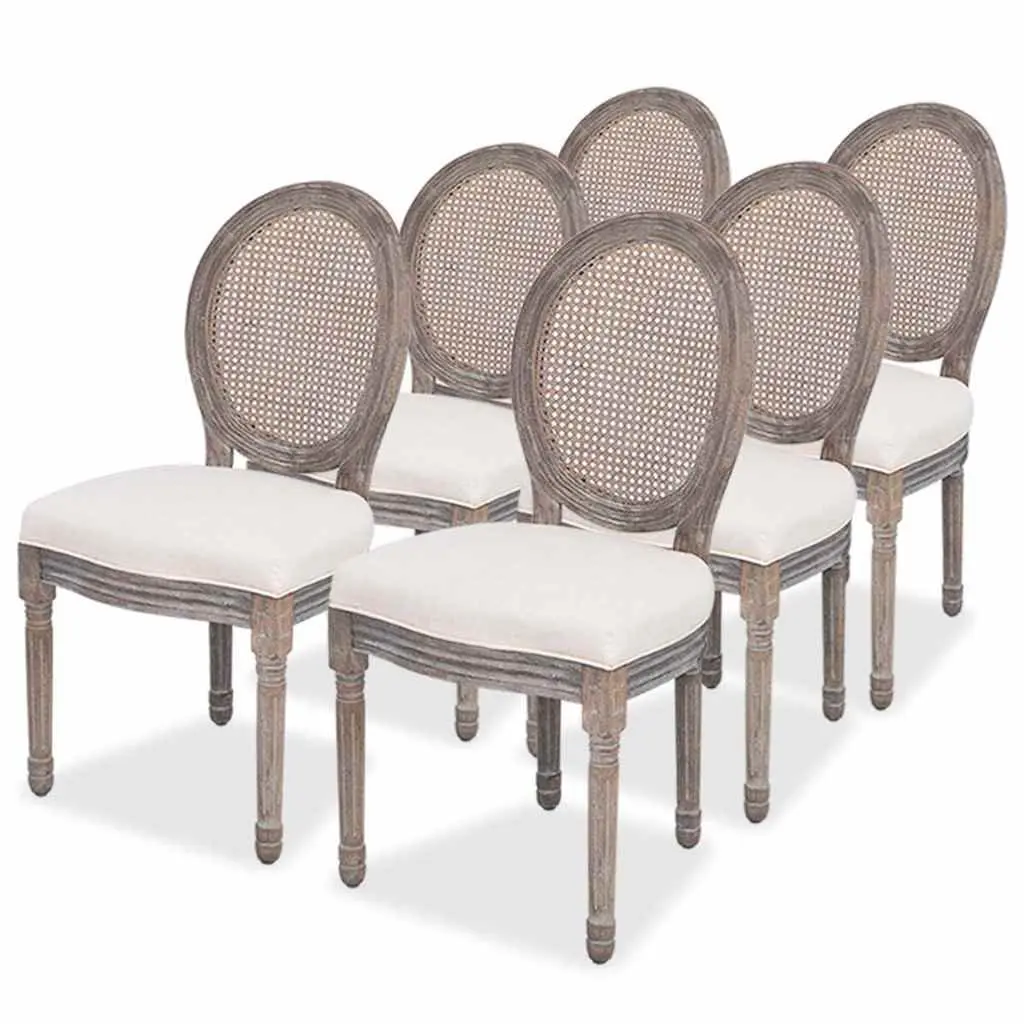 Dining Chairs Set of 6 Cream Fabric Rattan Backrest Wooden Frame Kitchen Seating