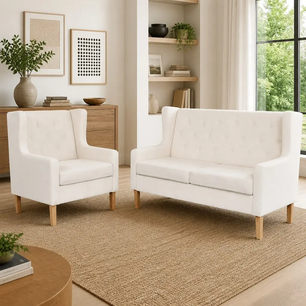 2-Piece Sofa Set White Fabric Armchair Two-Seater Polyester Foam Padding Wooden Frame