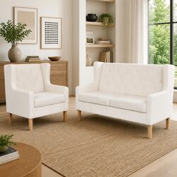 2-Piece White Fabric Sofa Set with Armchair and 2-Seater