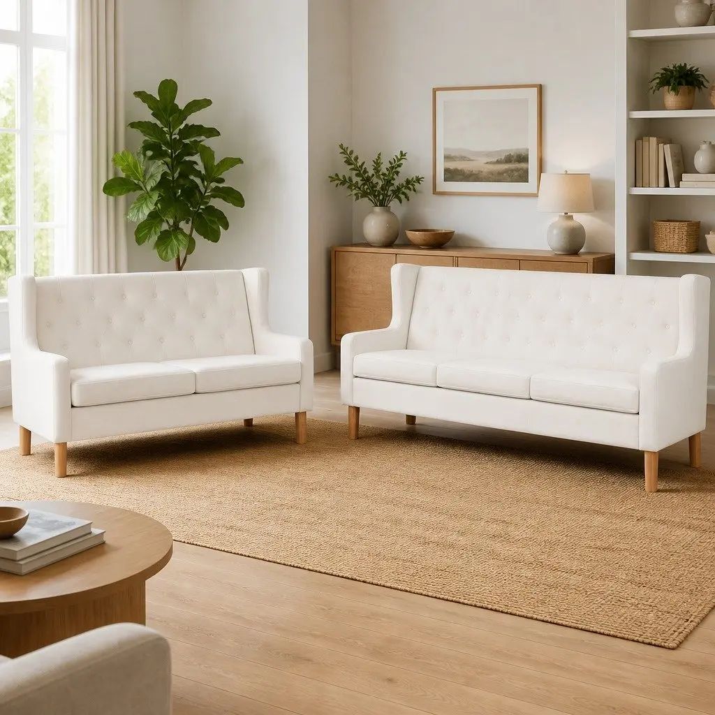 Fabric Sofa Set White Upholstered 2-Seater 3-Seater