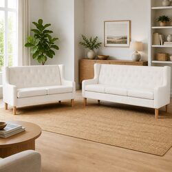 White Upholstered Fabric Sofa Set 2 Pieces