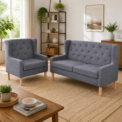 Grey Fabric 2-Piece Sofa Set with Armchair and 2-Seater