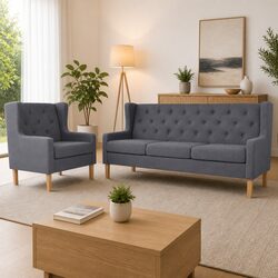 Grey Fabric 3-Seater Sofa and Armchair Set