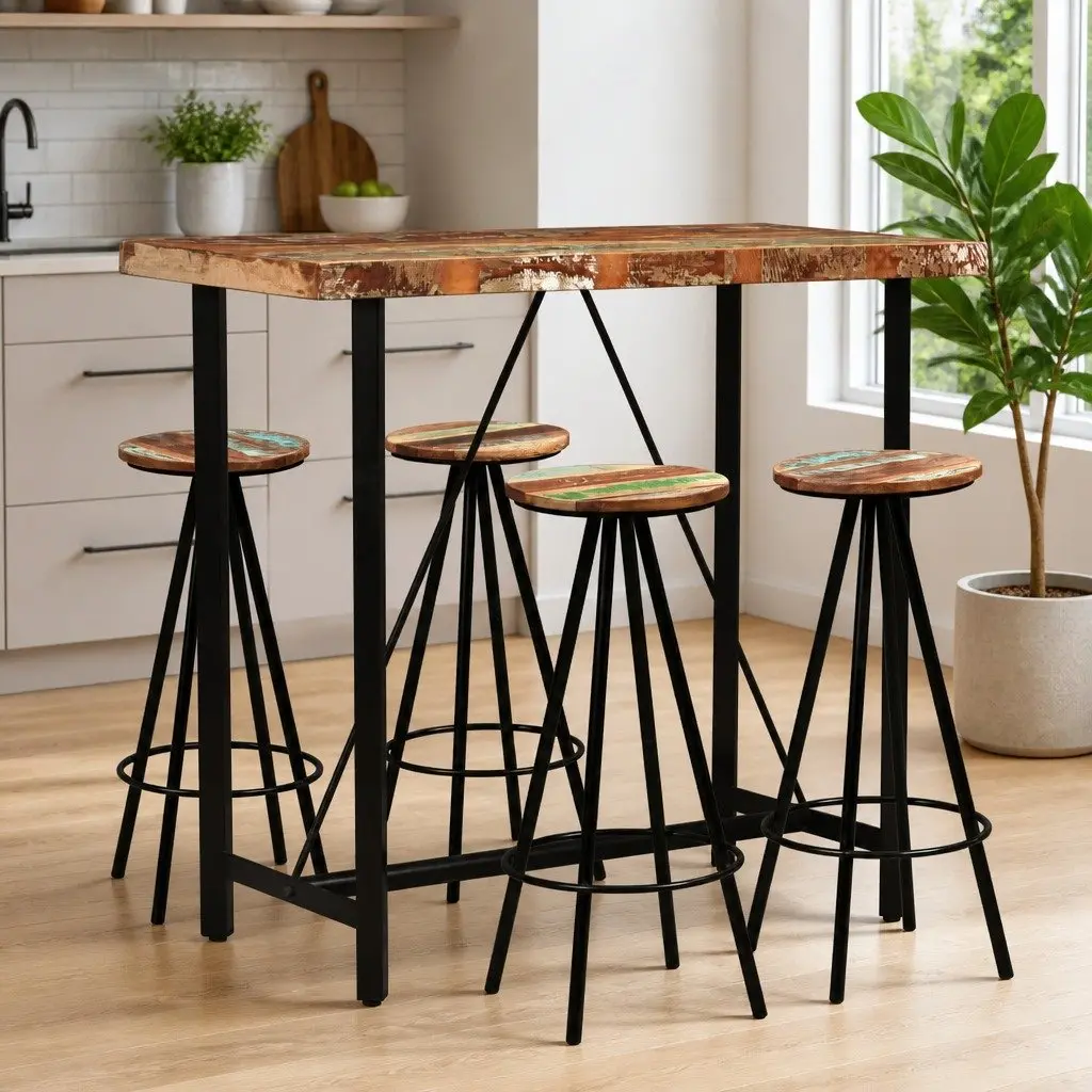 Bar Set Industrial Style 5 Pieces Solid Reclaimed Wood Table Stools Brown