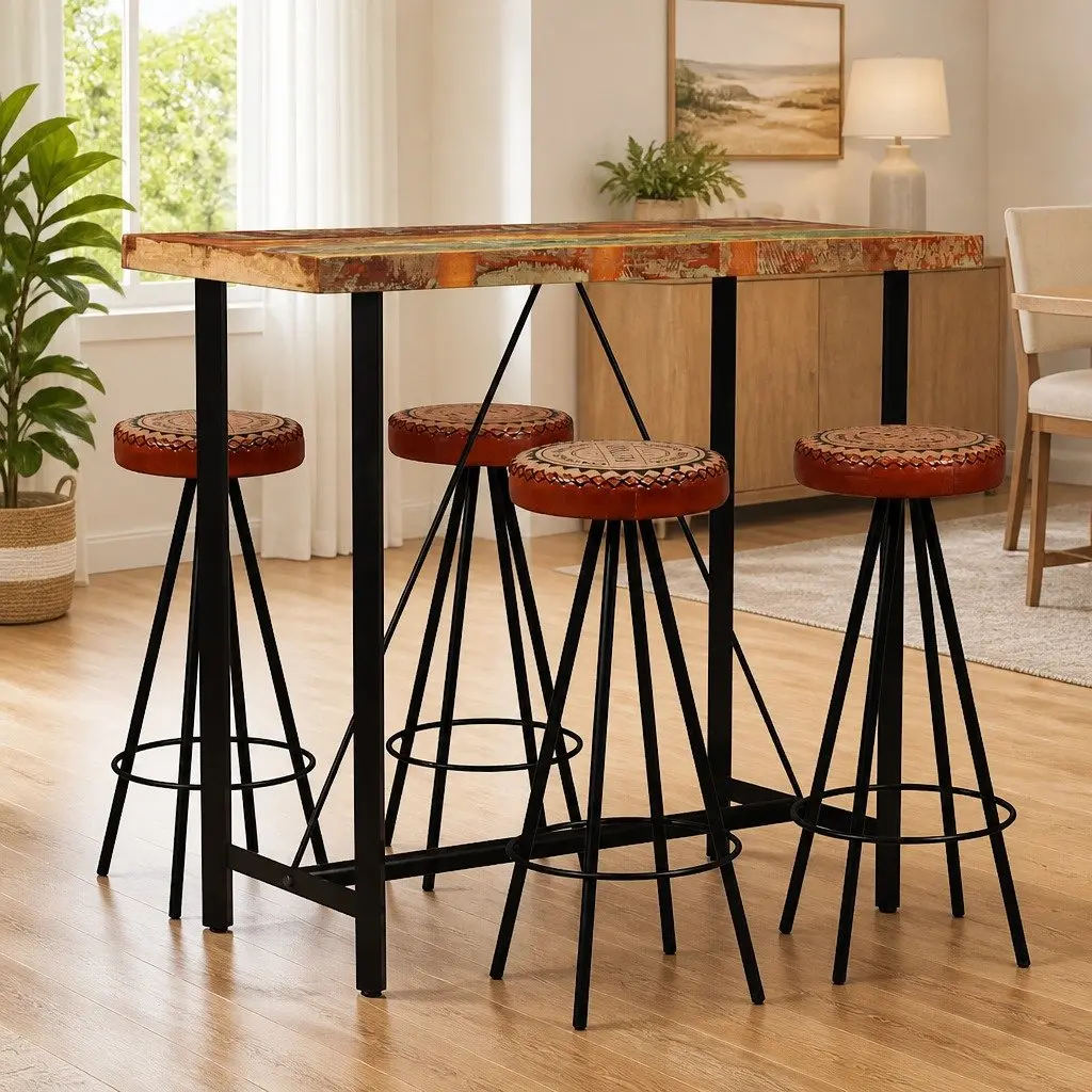 Bar Set Industrial Solid Reclaimed Wood 5 Pieces Kitchen Dining Table Stools