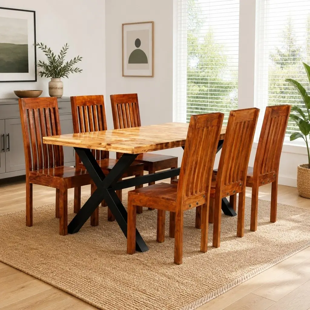 Dining Table Set Brown 7 Piece Solid Acacia Mango Wood Kitchen Furniture
