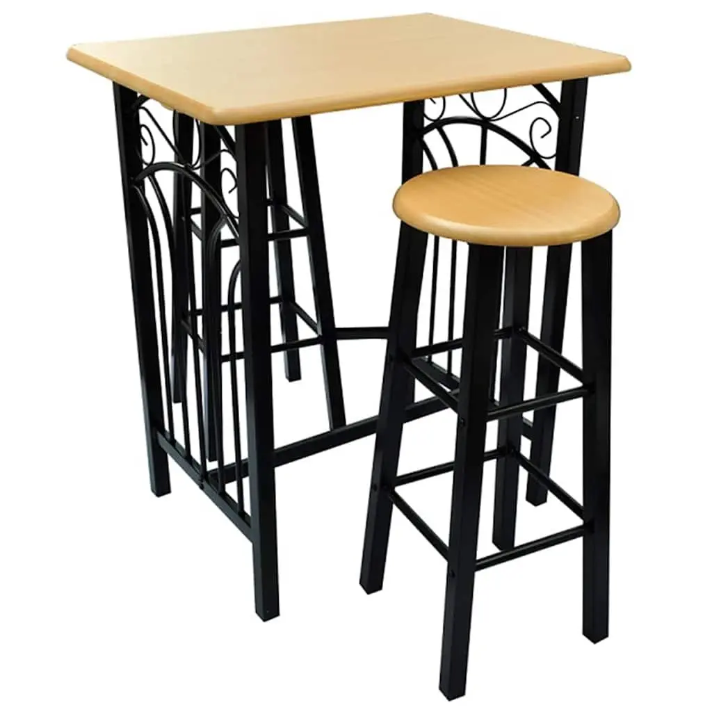 Bar Table and Stool Set Brown Wood Steel 3 Pieces