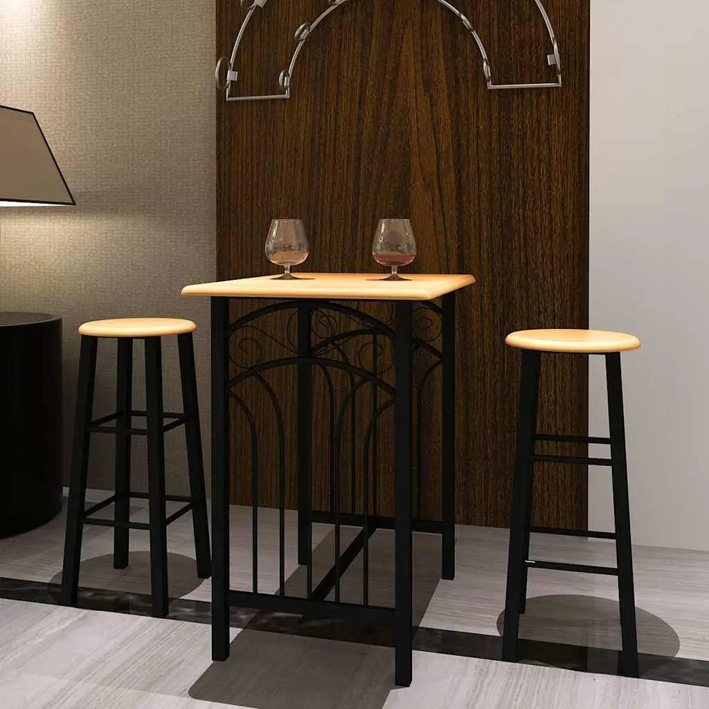Bar Table and Stool Set Brown Wood Steel 3 Pieces