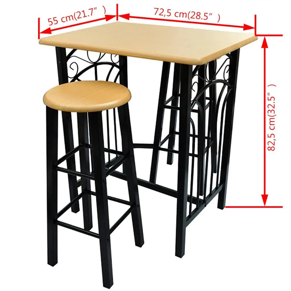 Bar Table and Stool Set Brown Wood Steel 3 Pieces