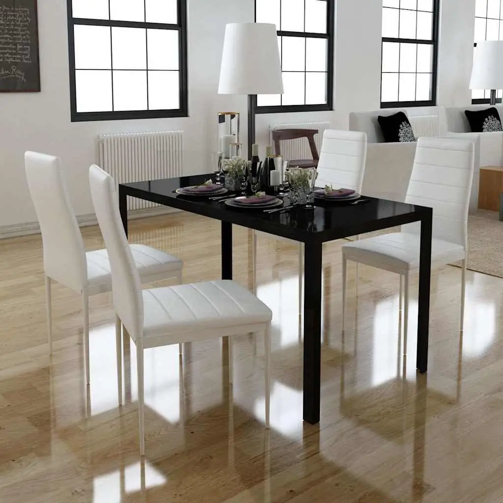 Dining Set Modern 5 Pieces Black White Tempered Glass Artificial Leather