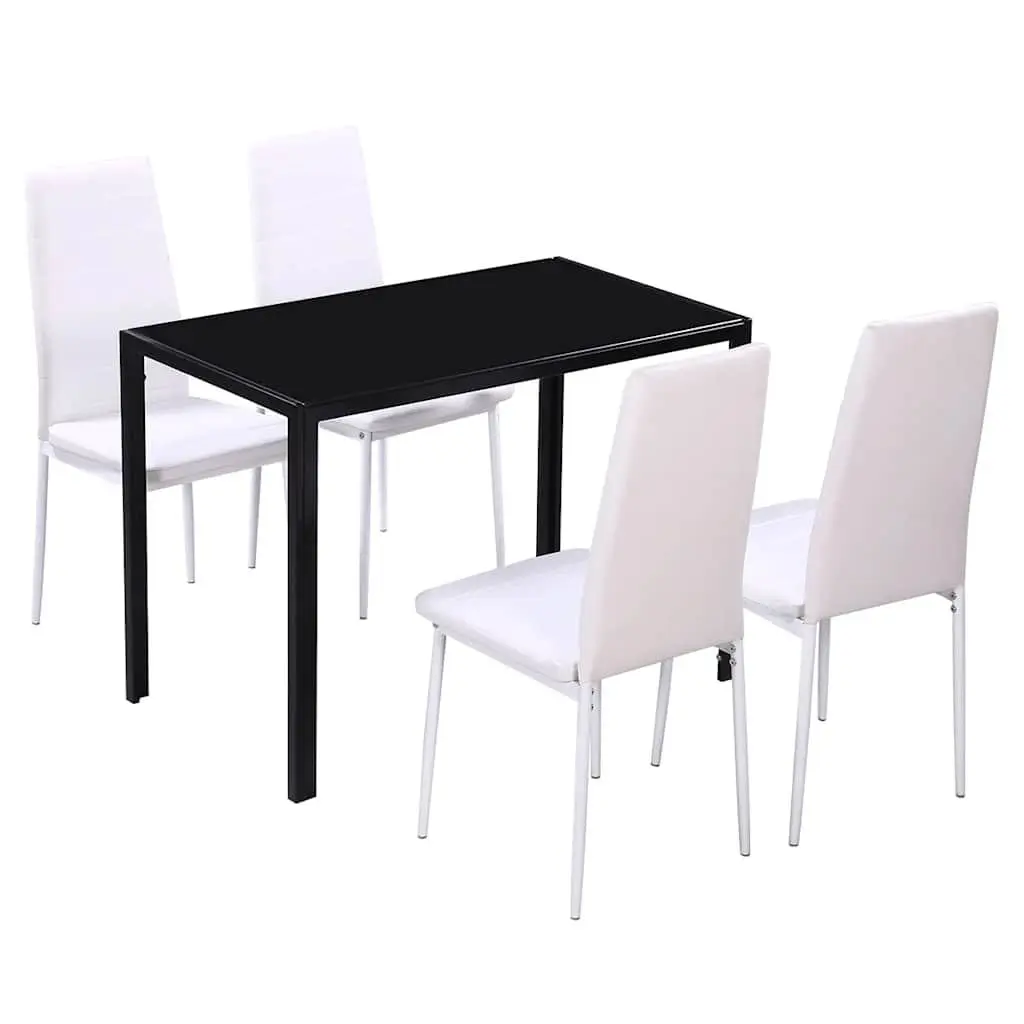 Dining Set Modern 5 Pieces Black White Tempered Glass Artificial Leather