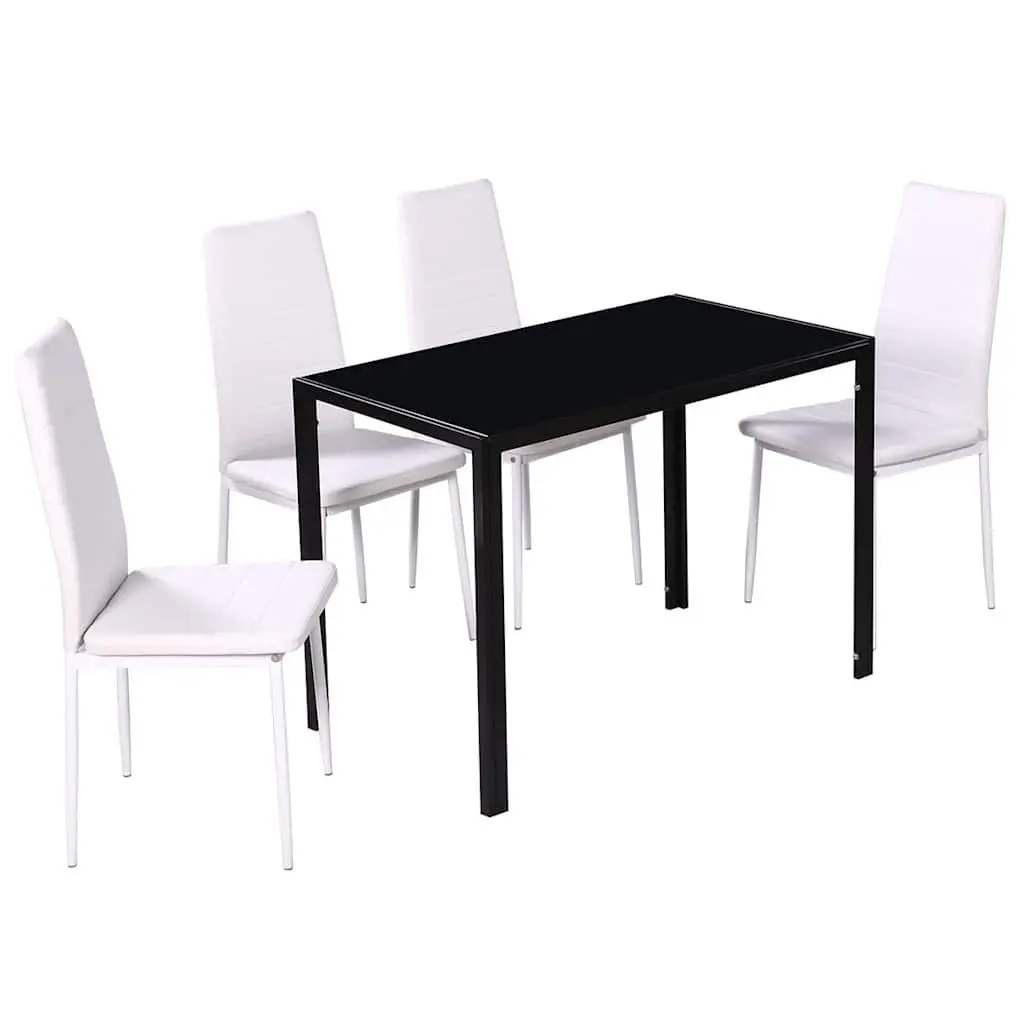 Dining Set Modern 5 Pieces Black White Tempered Glass Artificial Leather