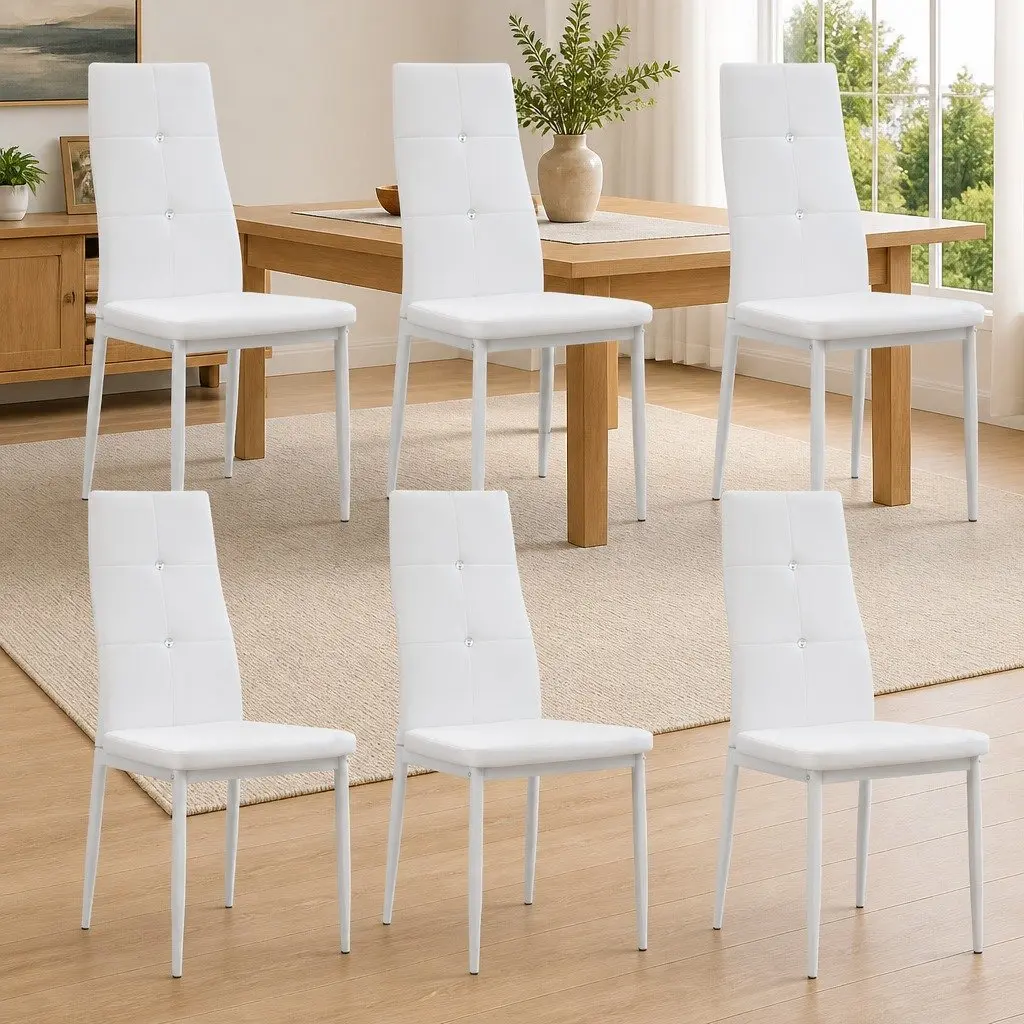 Dining Chairs Set of 6 White Faux Leather Kitchen Room Furniture Modern Design