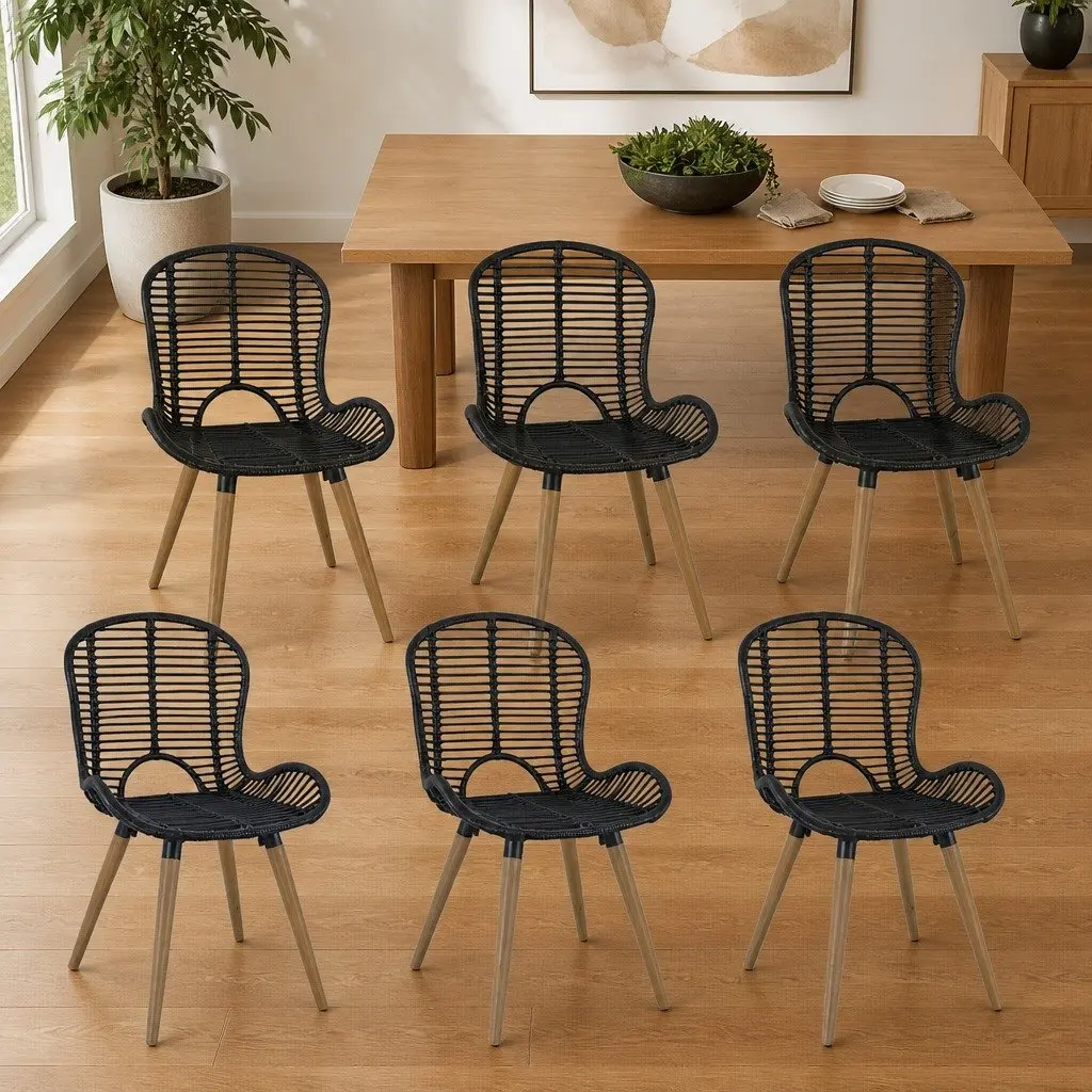 Dining Chairs Natural Rattan Black Vintage Style Set of 6 Wooden Legs